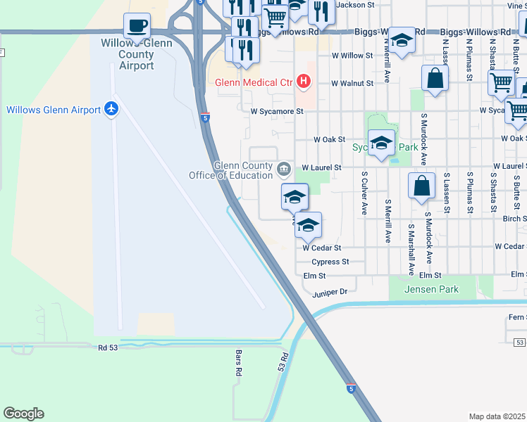map of restaurants, bars, coffee shops, grocery stores, and more near 430 El Dorado Avenue in Willows