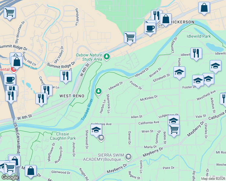 map of restaurants, bars, coffee shops, grocery stores, and more near 450 Tracy Lane in Reno