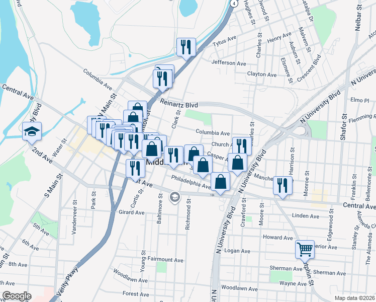 map of restaurants, bars, coffee shops, grocery stores, and more near 1507 Manchester Avenue in Middletown
