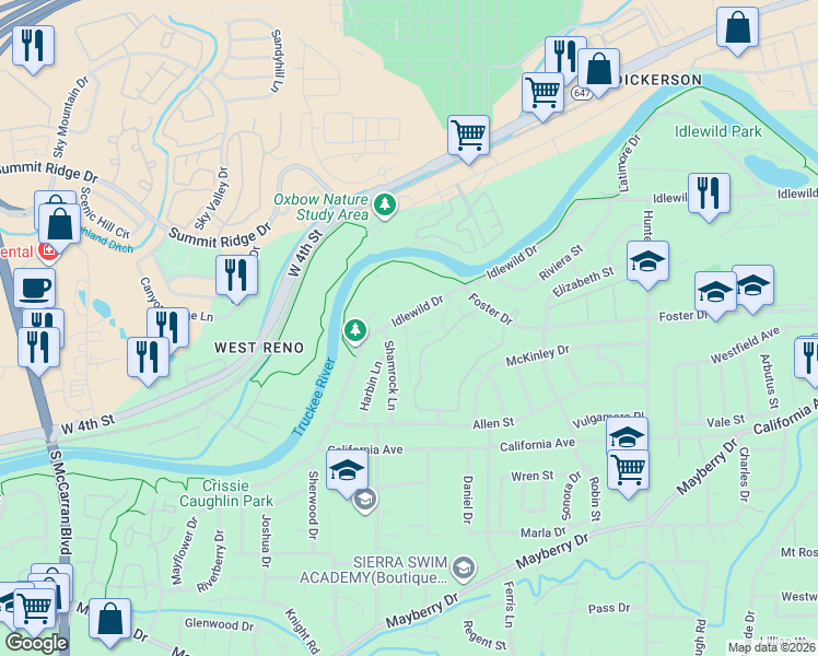 map of restaurants, bars, coffee shops, grocery stores, and more near 450 Tracy Lane in Reno