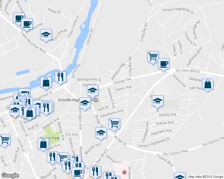 map of restaurants, bars, coffee shops, grocery stores, and more near 1481 Hammon Avenue in Oroville