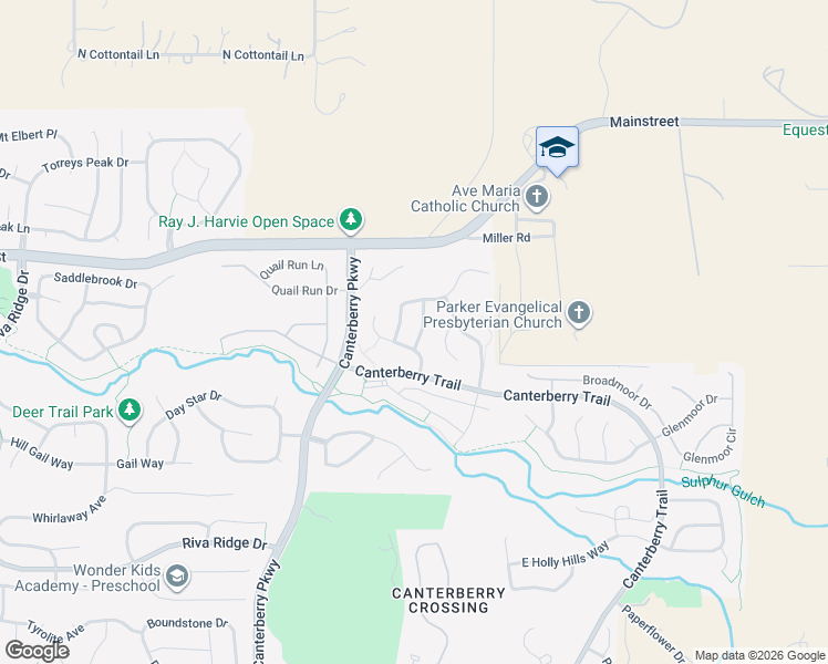 map of restaurants, bars, coffee shops, grocery stores, and more near 11031 Blackwolf Lane in Parker