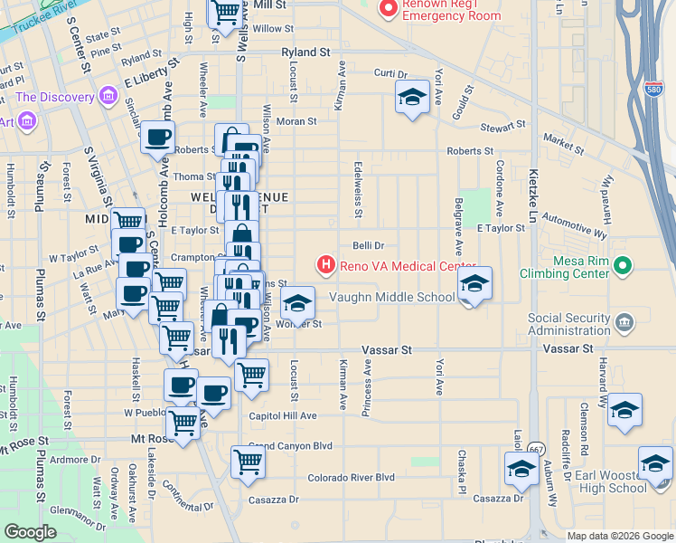 map of restaurants, bars, coffee shops, grocery stores, and more near 975 Kirman Avenue in Reno
