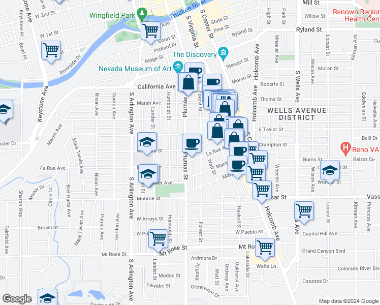 map of restaurants, bars, coffee shops, grocery stores, and more near 912 Plumas Street in Reno