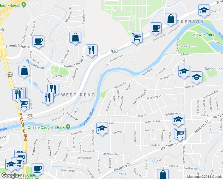 map of restaurants, bars, coffee shops, grocery stores, and more near 2875 Idlewild Drive in Reno