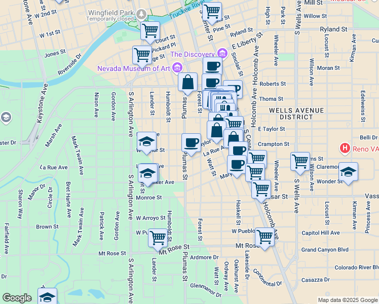 map of restaurants, bars, coffee shops, grocery stores, and more near 912 Plumas Street in Reno