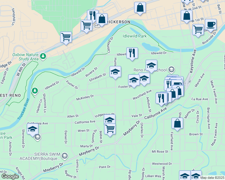 map of restaurants, bars, coffee shops, grocery stores, and more near 1430 Foster Drive in Reno