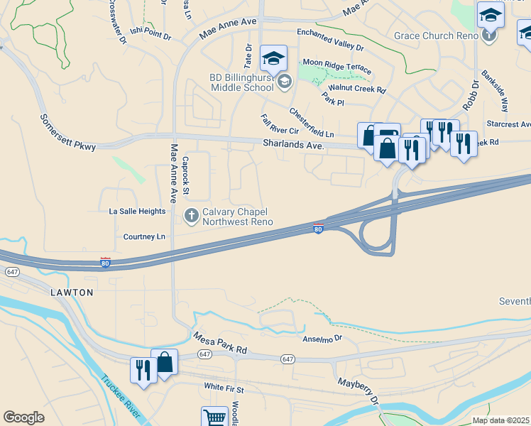 map of restaurants, bars, coffee shops, grocery stores, and more near 6850 Sharlands Avenue in Reno