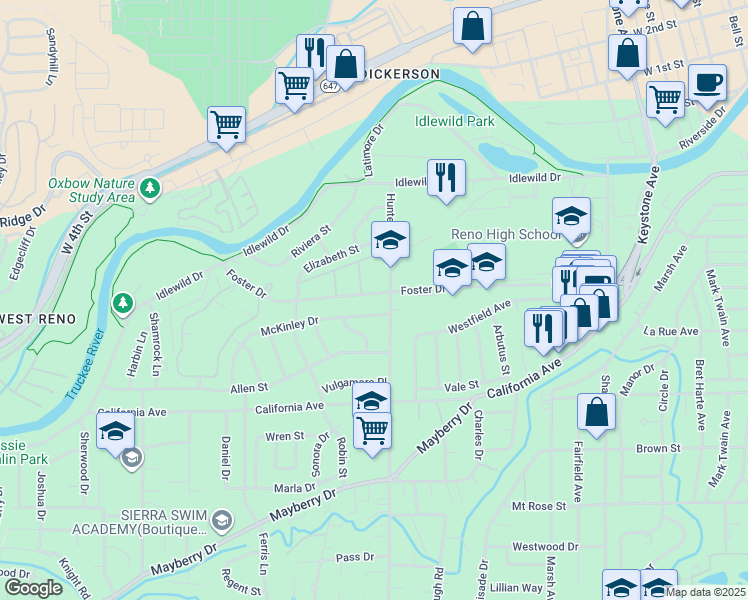 map of restaurants, bars, coffee shops, grocery stores, and more near 1430 Foster Drive in Reno
