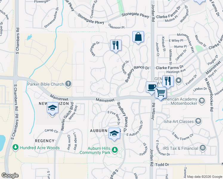 map of restaurants, bars, coffee shops, grocery stores, and more near 11053 Bradbury Ranch Drive in Parker