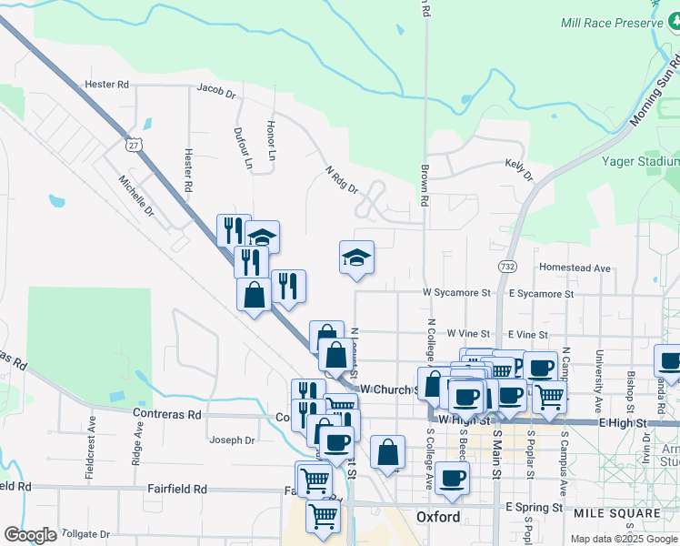 map of restaurants, bars, coffee shops, grocery stores, and more near 400 West Sycamore Street in Oxford