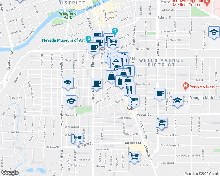 map of restaurants, bars, coffee shops, grocery stores, and more near 132 La Rue Avenue in Reno