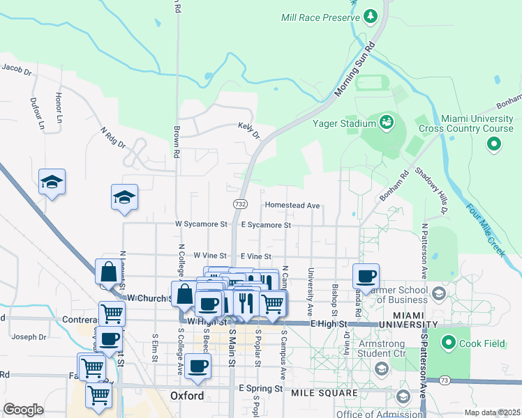 map of restaurants, bars, coffee shops, grocery stores, and more near 421 North Poplar Street in Oxford
