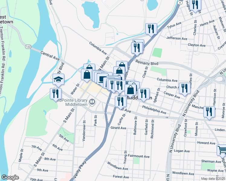 map of restaurants, bars, coffee shops, grocery stores, and more near 1201 Central Avenue in Middletown