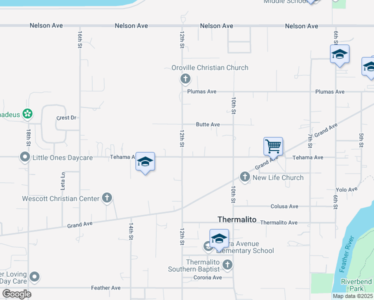 map of restaurants, bars, coffee shops, grocery stores, and more near 1814 12th Street in Oroville