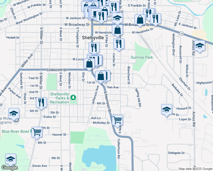 map of restaurants, bars, coffee shops, grocery stores, and more near 114 Van Avenue in Shelbyville