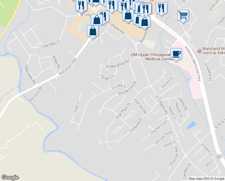 map of restaurants, bars, coffee shops, grocery stores, and more near 613 Fox Bow Drive in Bel Air
