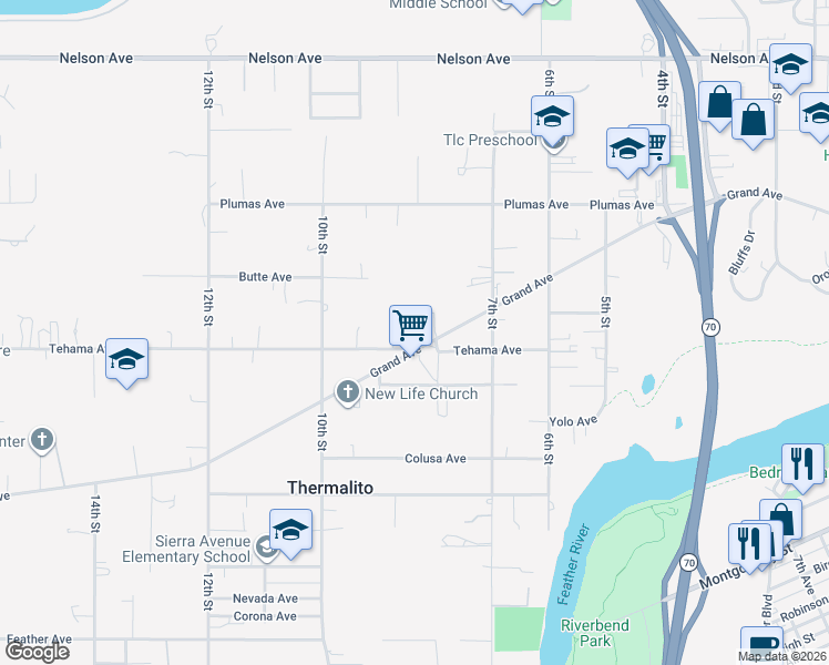 map of restaurants, bars, coffee shops, grocery stores, and more near 828 Tehama Avenue in Oroville