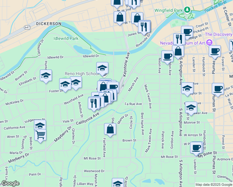 map of restaurants, bars, coffee shops, grocery stores, and more near 690 Booth Street in Reno