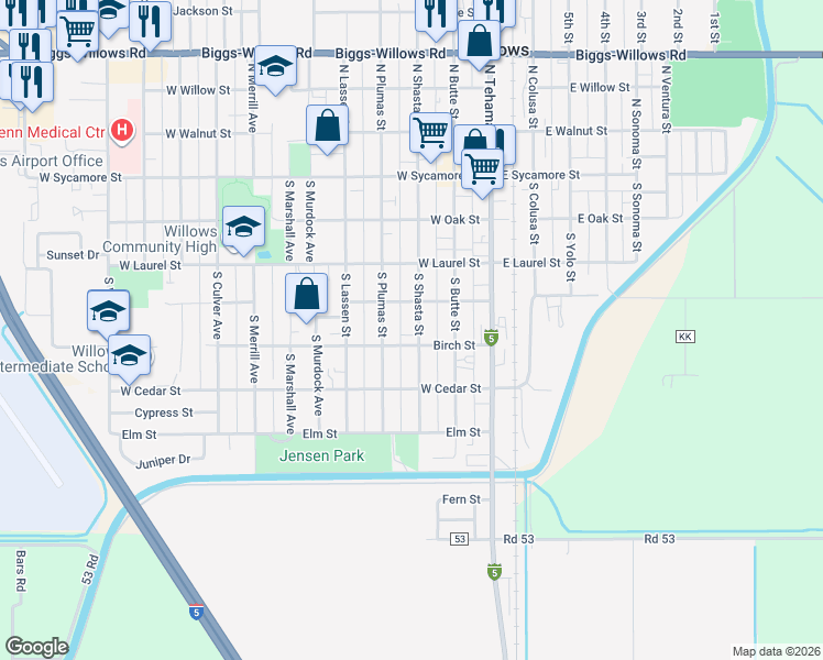 map of restaurants, bars, coffee shops, grocery stores, and more near 445 South Shasta Street in Willows