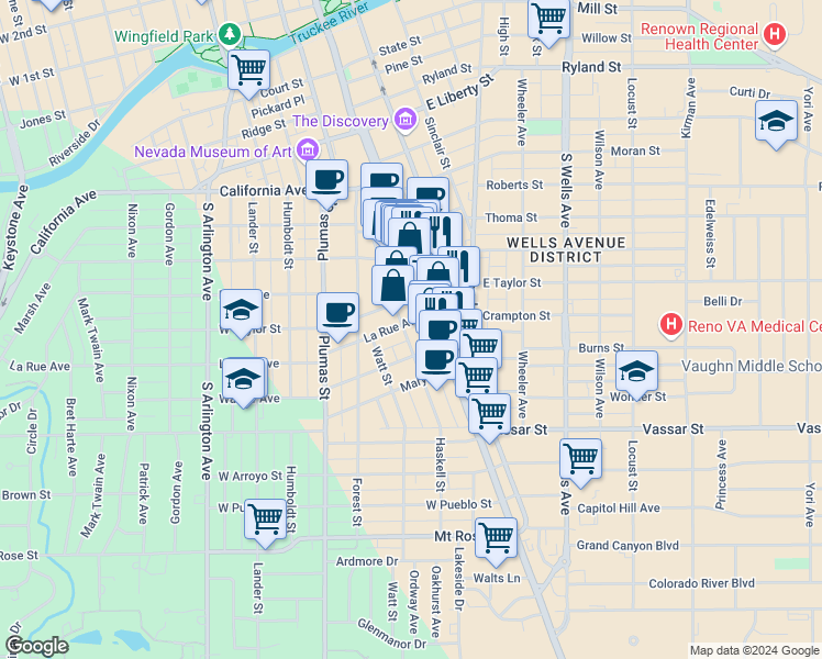 map of restaurants, bars, coffee shops, grocery stores, and more near 95 La Rue Avenue in Reno