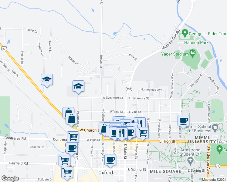 map of restaurants, bars, coffee shops, grocery stores, and more near 416 North Beech Street in Oxford