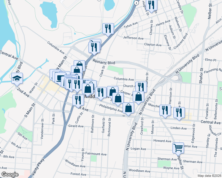 map of restaurants, bars, coffee shops, grocery stores, and more near 1511 Manchester Avenue in Middletown