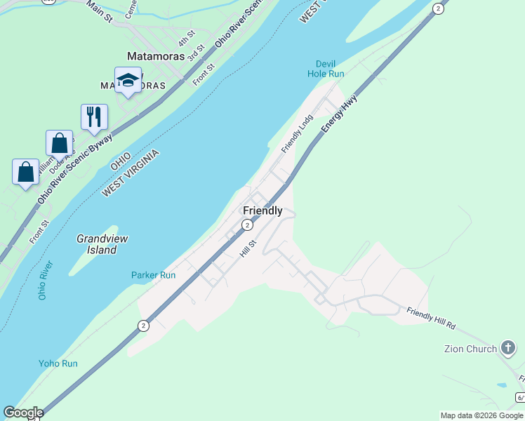 map of restaurants, bars, coffee shops, grocery stores, and more near in Friendly