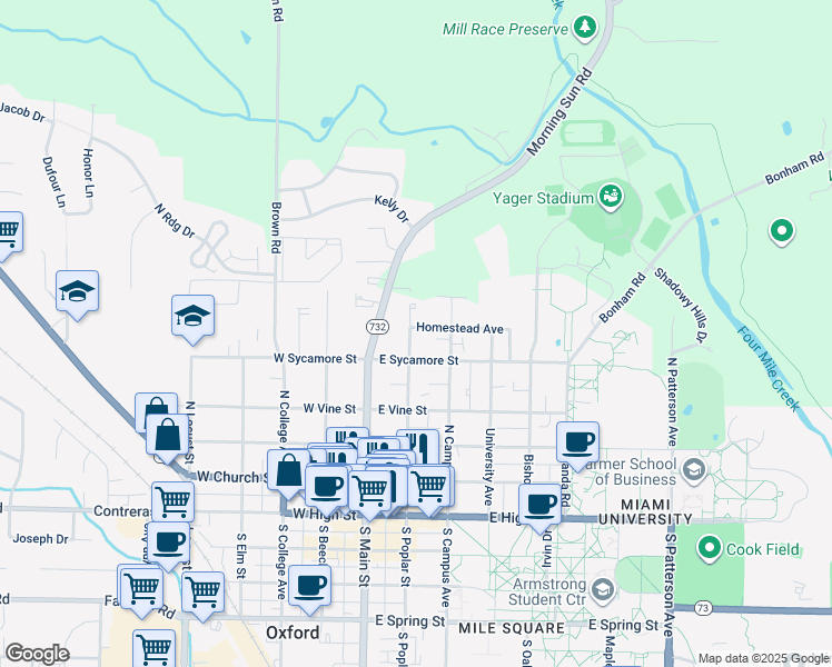 map of restaurants, bars, coffee shops, grocery stores, and more near 421 North Poplar Street in Oxford