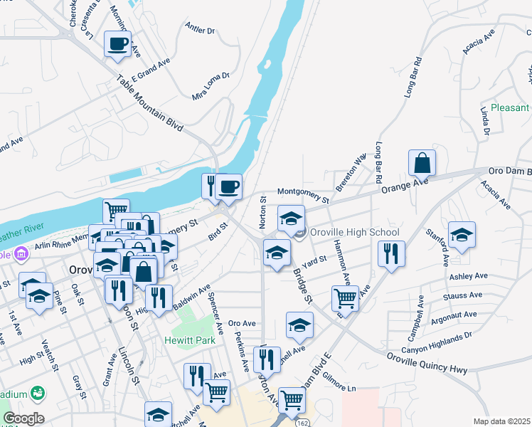 map of restaurants, bars, coffee shops, grocery stores, and more near 1401 Norton Street in Oroville