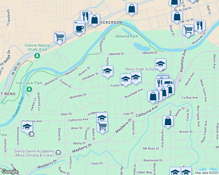 map of restaurants, bars, coffee shops, grocery stores, and more near 1294 Foster Drive in Reno