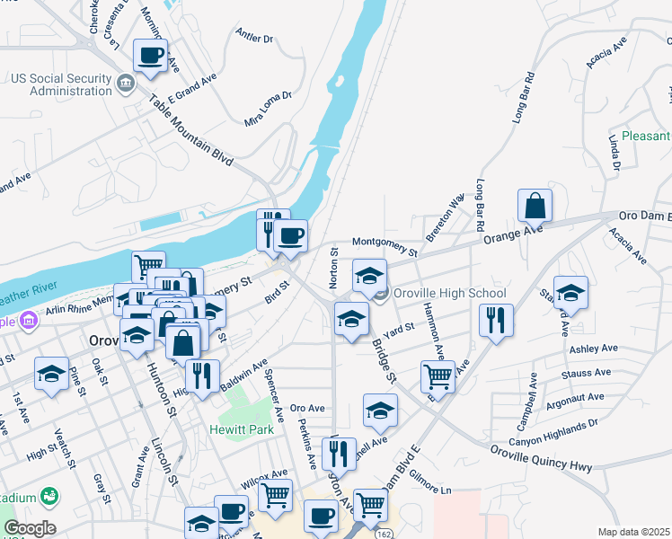 map of restaurants, bars, coffee shops, grocery stores, and more near 1401 Norton Street in Oroville