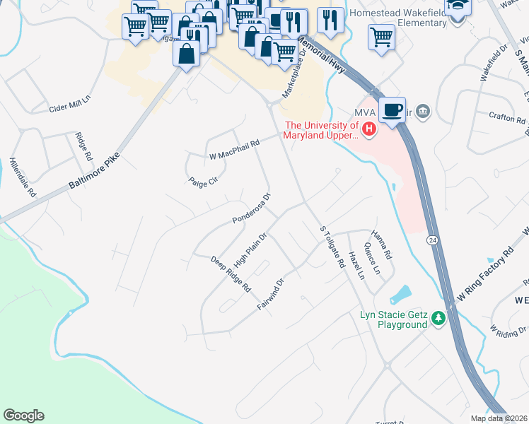 map of restaurants, bars, coffee shops, grocery stores, and more near 519 Ponderosa Drive in Bel Air