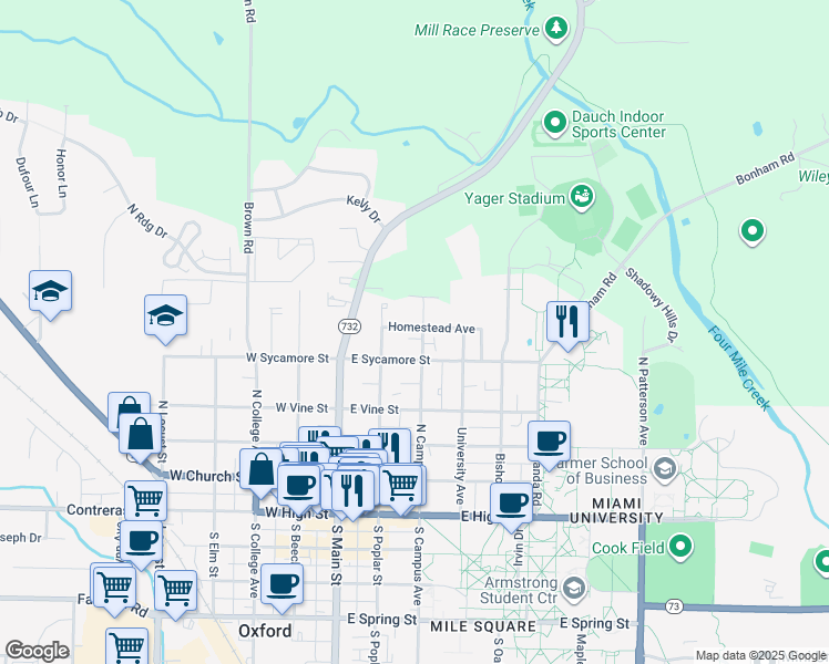 map of restaurants, bars, coffee shops, grocery stores, and more near 424 North Campus Avenue in Oxford