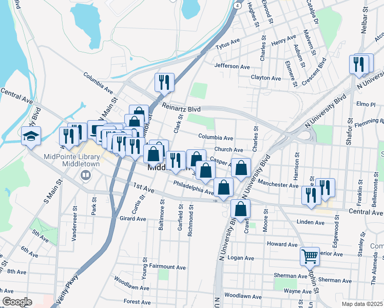 map of restaurants, bars, coffee shops, grocery stores, and more near 1507 Manchester Avenue in Middletown