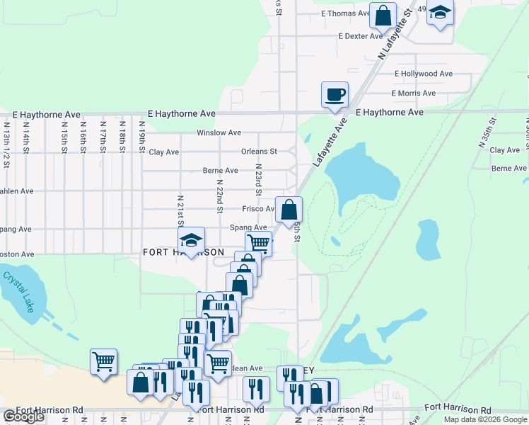 map of restaurants, bars, coffee shops, grocery stores, and more near 2303 Frisco Avenue in Terre Haute