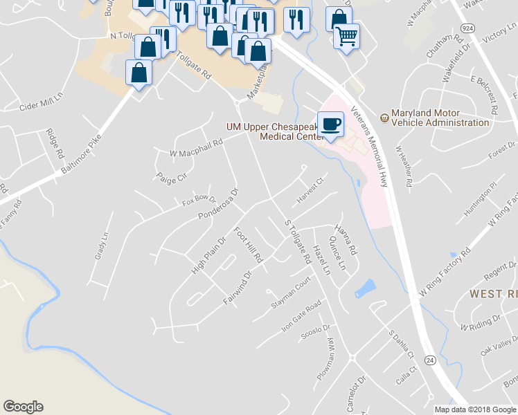 map of restaurants, bars, coffee shops, grocery stores, and more near 705 High Plain Drive in Bel Air
