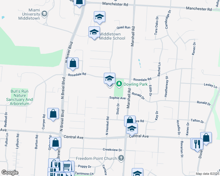 map of restaurants, bars, coffee shops, grocery stores, and more near 4601 Sophie Avenue in Middletown