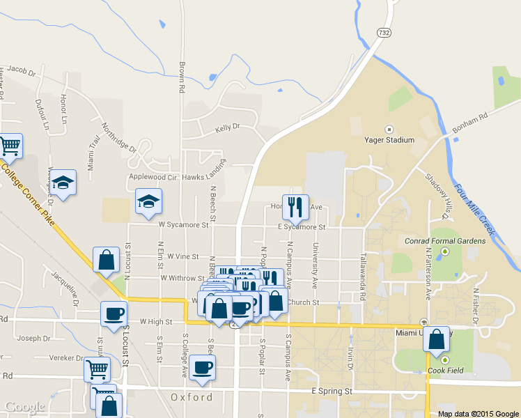 map of restaurants, bars, coffee shops, grocery stores, and more near 420 North Poplar Street in Oxford