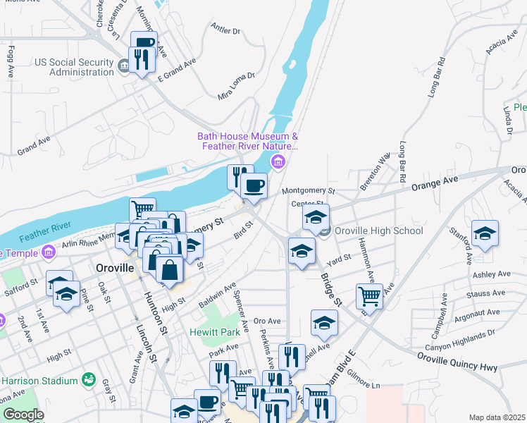 map of restaurants, bars, coffee shops, grocery stores, and more near Bird Street in Oroville