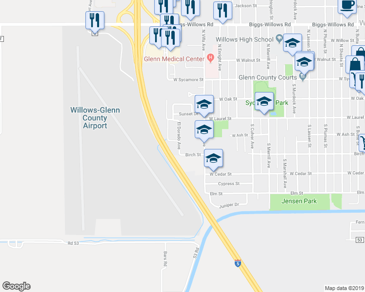 map of restaurants, bars, coffee shops, grocery stores, and more near 430 El Dorado Avenue in Willows