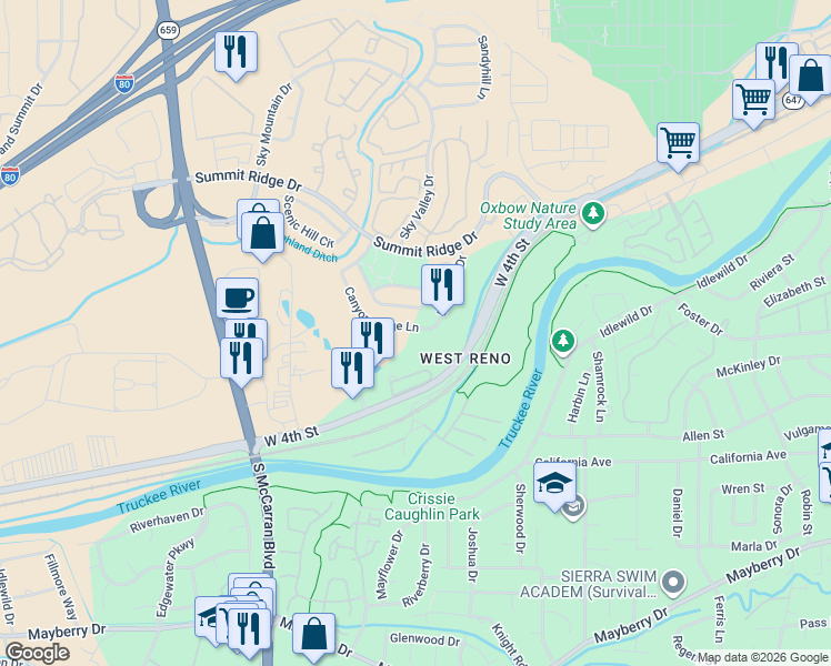 map of restaurants, bars, coffee shops, grocery stores, and more near 4516 Canyon Ridge Lane in Reno