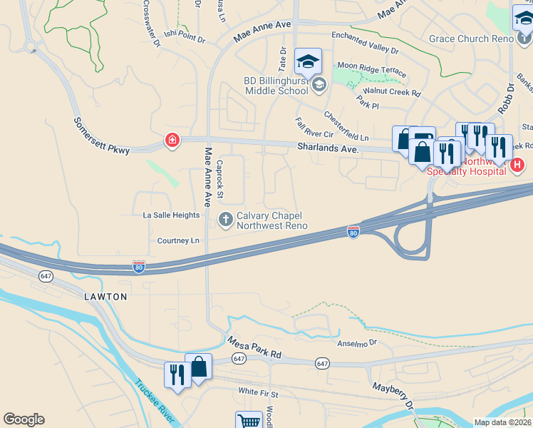 map of restaurants, bars, coffee shops, grocery stores, and more near 6850 Sharlands Avenue in Reno