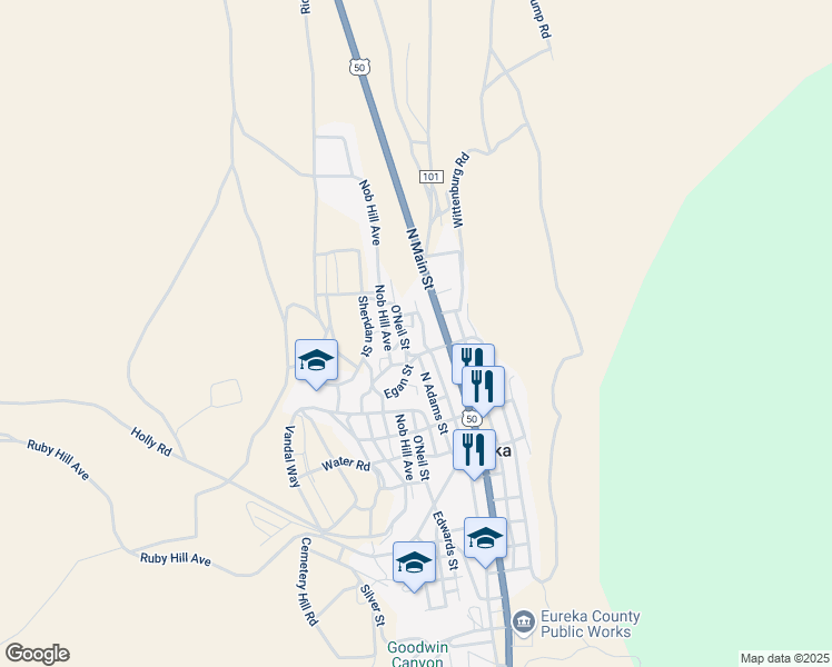 map of restaurants, bars, coffee shops, grocery stores, and more near 371 O'Neil Street in Eureka