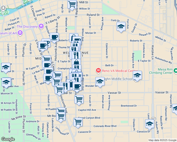 map of restaurants, bars, coffee shops, grocery stores, and more near 540 Crampton Street in Reno