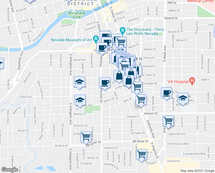 map of restaurants, bars, coffee shops, grocery stores, and more near 813 Forest Street in Reno