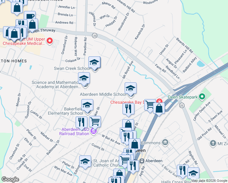 map of restaurants, bars, coffee shops, grocery stores, and more near 134 Mount Royal Avenue in Aberdeen