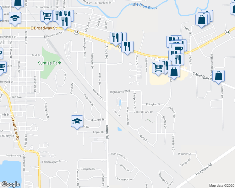 map of restaurants, bars, coffee shops, grocery stores, and more near 1041 Highpointe Boulevard in Shelbyville