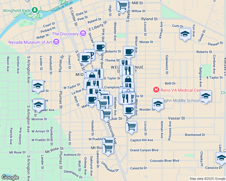 map of restaurants, bars, coffee shops, grocery stores, and more near 1001 Wheeler Avenue in Reno