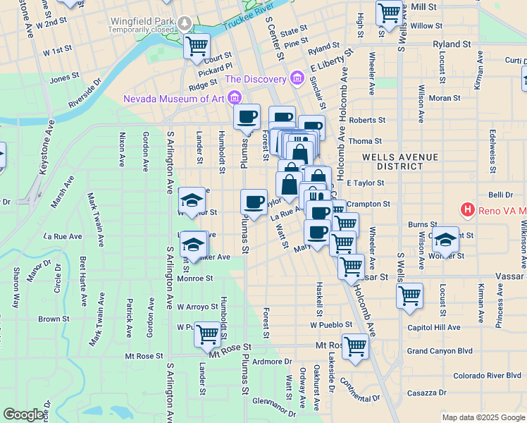map of restaurants, bars, coffee shops, grocery stores, and more near 809 Forest Street in Reno
